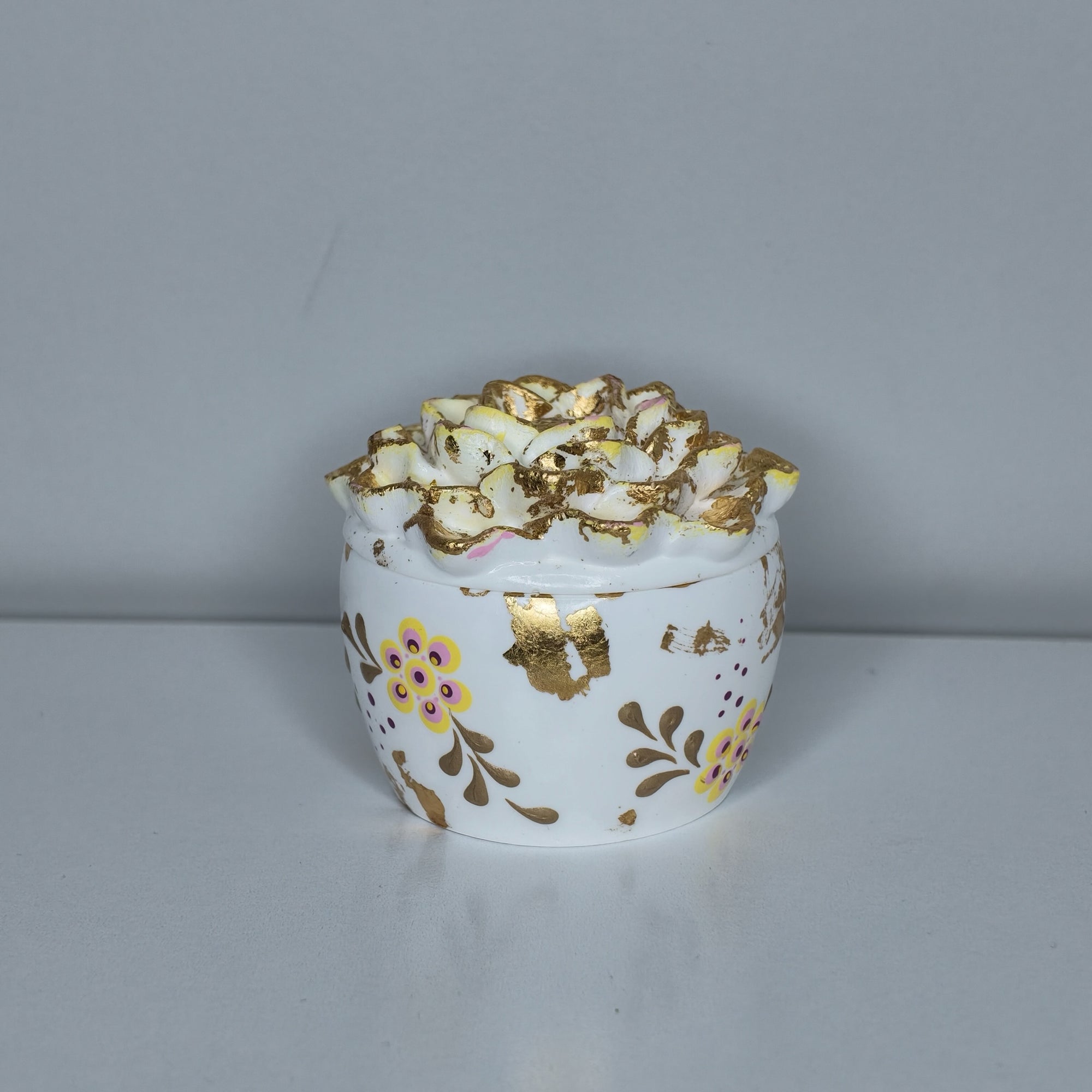 White & Gold Floral Eco Resin Trinket Box