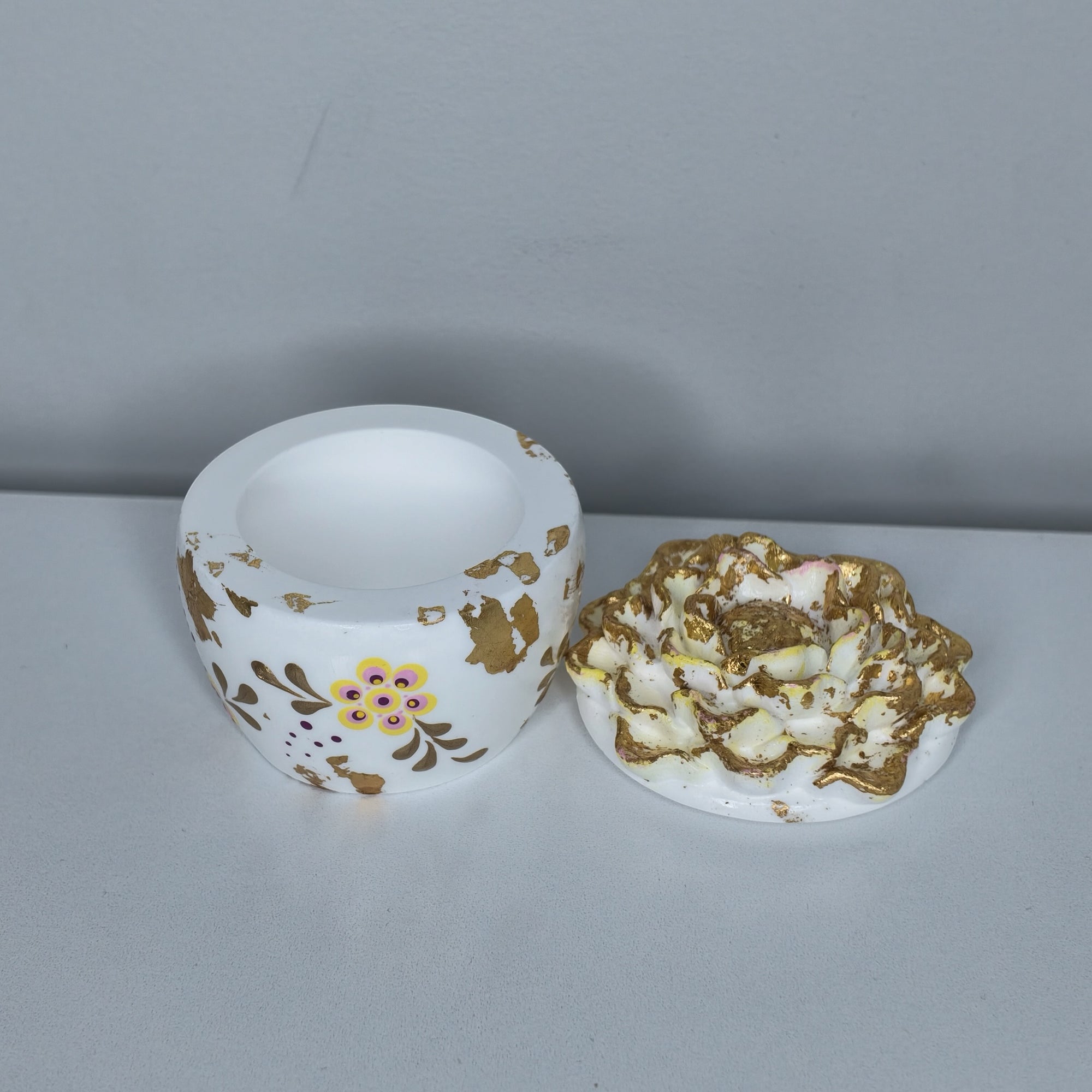 White & Gold Floral Eco Resin Trinket Box
